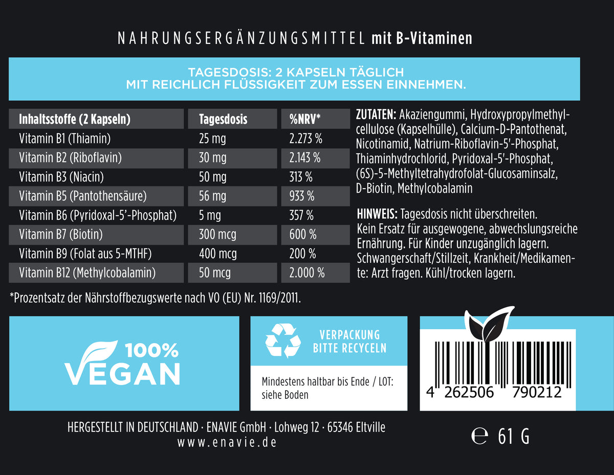 
                  
                    ENAVIE Basic B-Komplex Bioaktiv – Etikett mit Inhaltsstoffen, Tagesdosis und Zutaten
                  
                