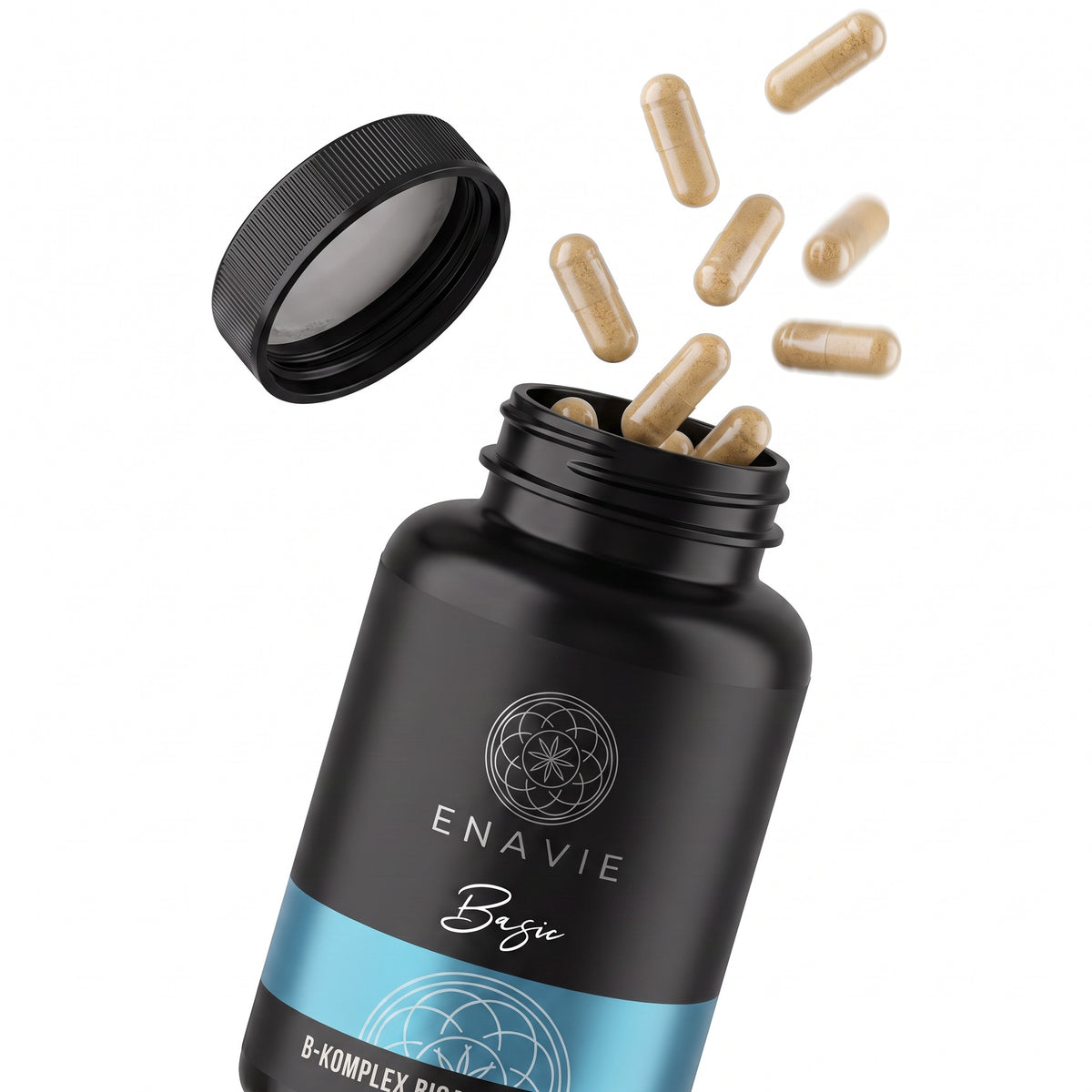 ENAVIE Basic B-Komplex Bioaktiv – geöffnete Dose mit Kapseln