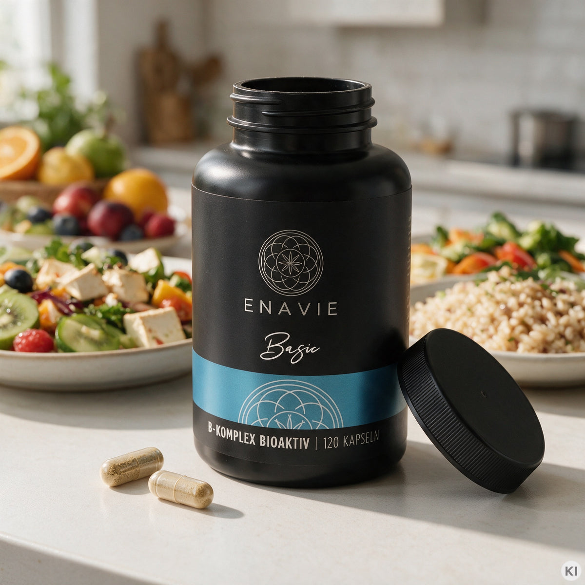 
                  
                    ENAVIE Basic B-Komplex Bioaktiv – geöffnete Dose mit Kapseln in der Küche
                  
                