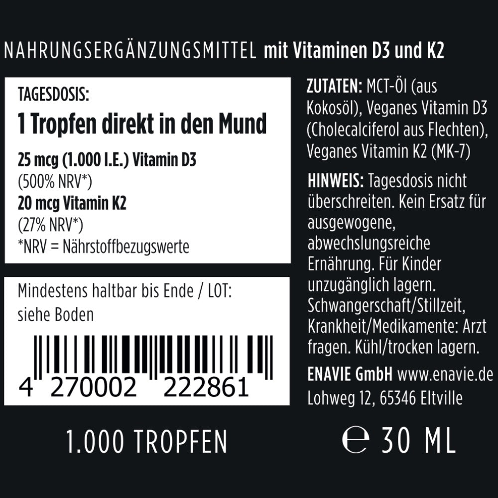 
                  
                    Etikett Vitamin D3+K2 Tropfen: Zutaten, Tagesdosis, Hinweise
                  
                