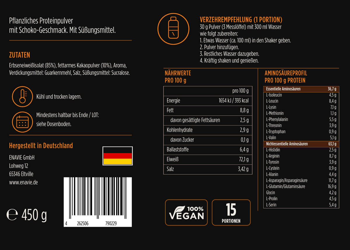 ENAVIE Protein Schoko – Etikett: Zutaten, Verzehrempfehlung, Nährwerte pro 100 g, Aminosäureprofil
