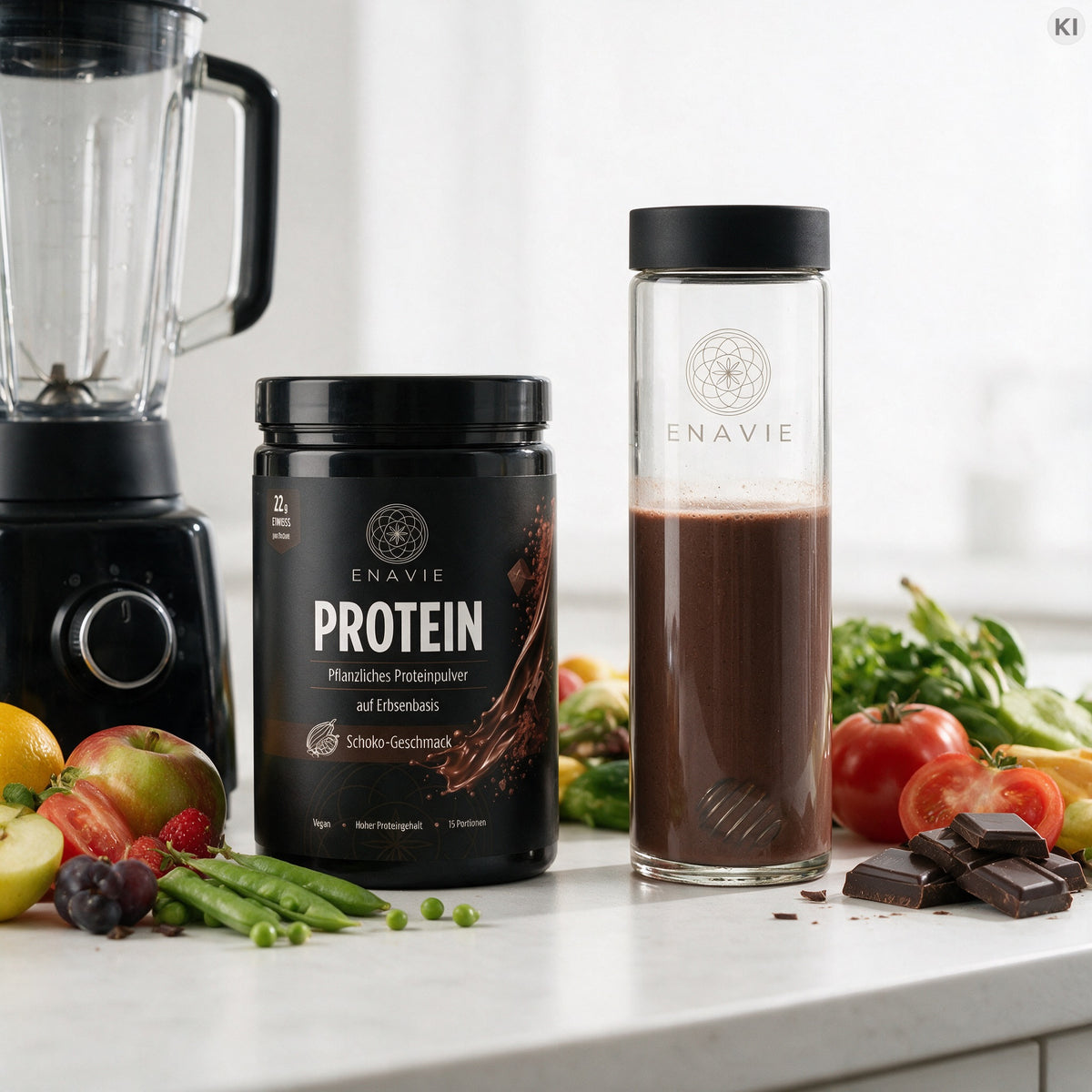 ENAVIE Protein Schoko – Dose und fertiger Shake in der Küche