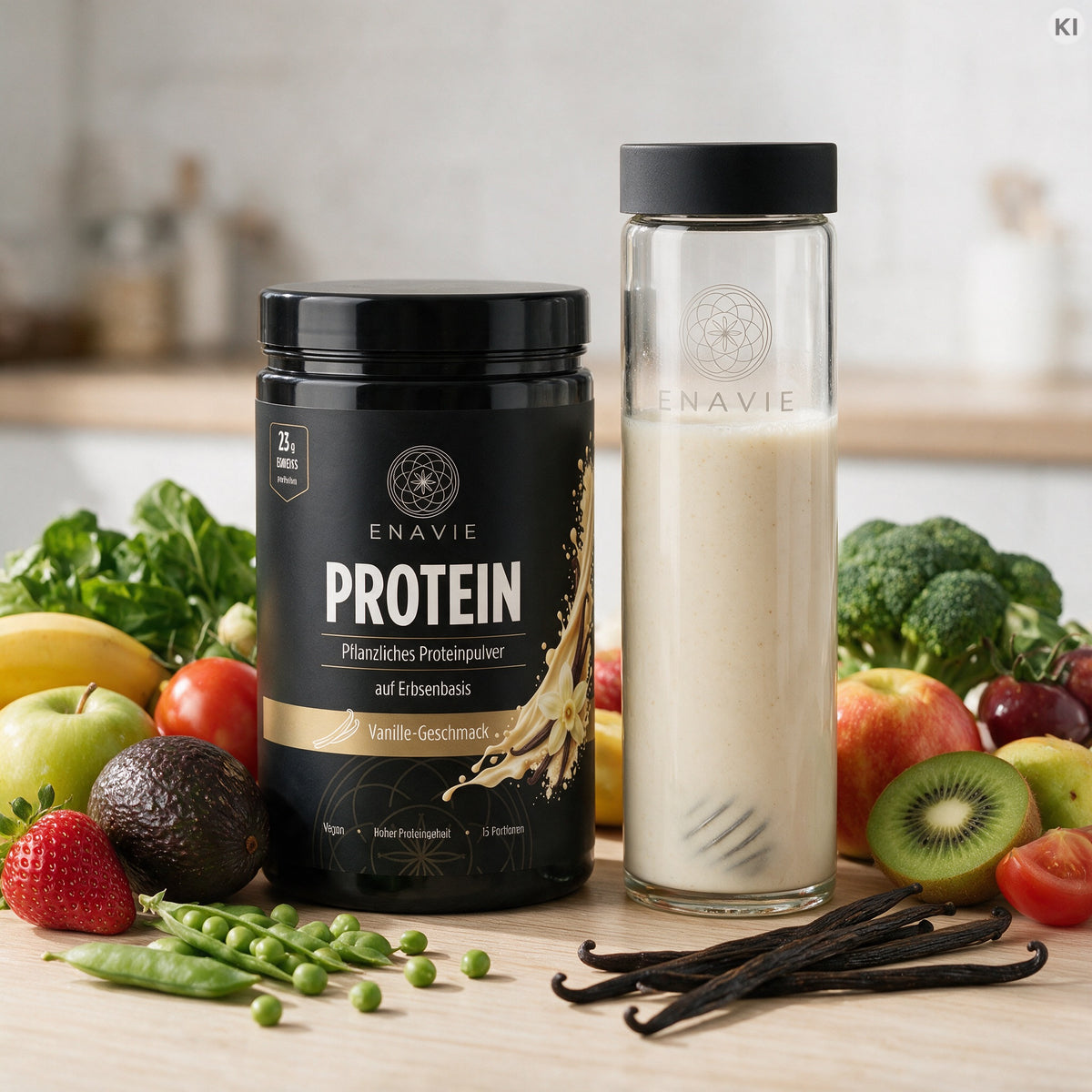 
                  
                    ENAVIE Protein Vanille – Dose und fertiger Shake in der Küche
                  
                