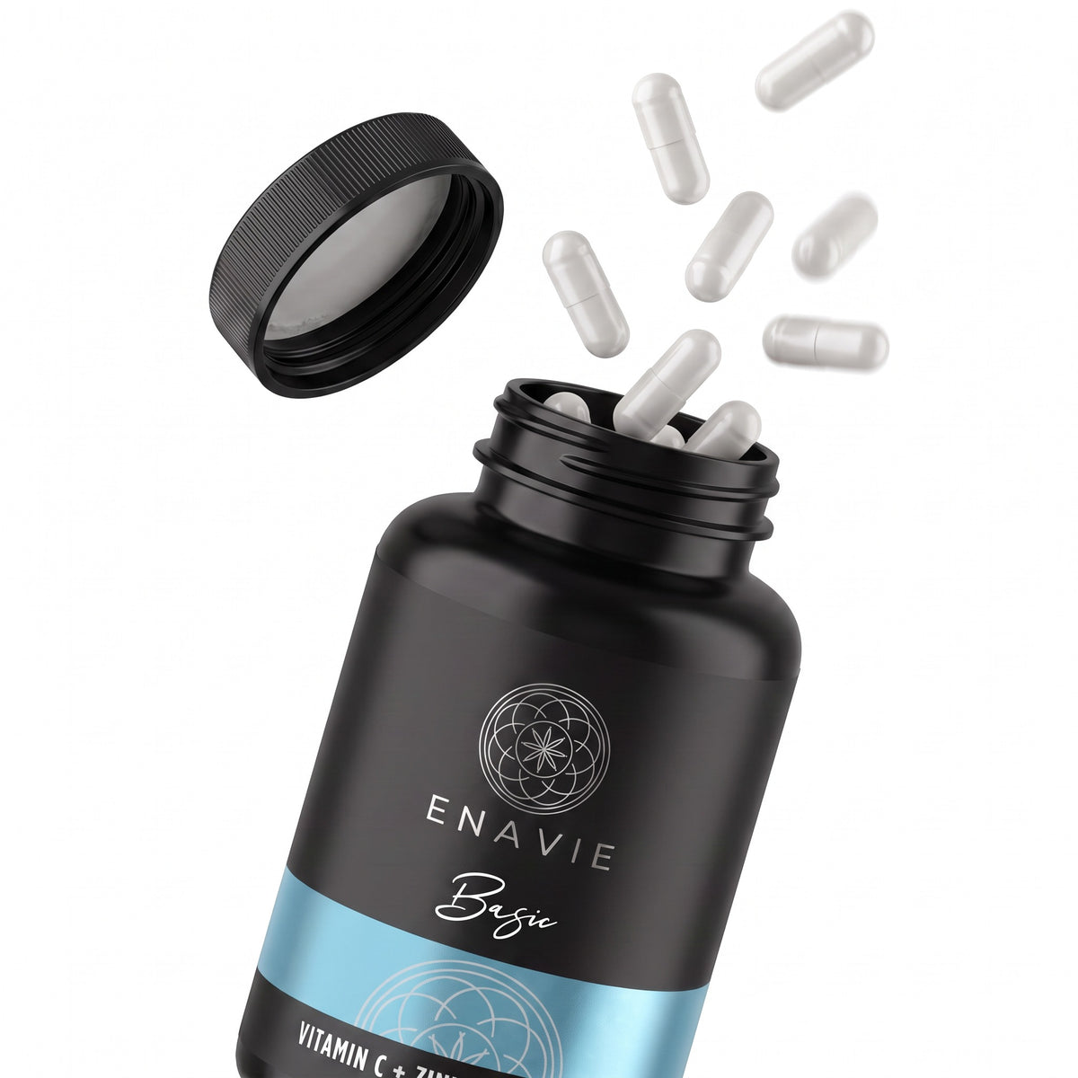 ENAVIE Basic Vitamin C + Zink – geöffnete Dose mit Kapseln, Silberfolien-Etikett