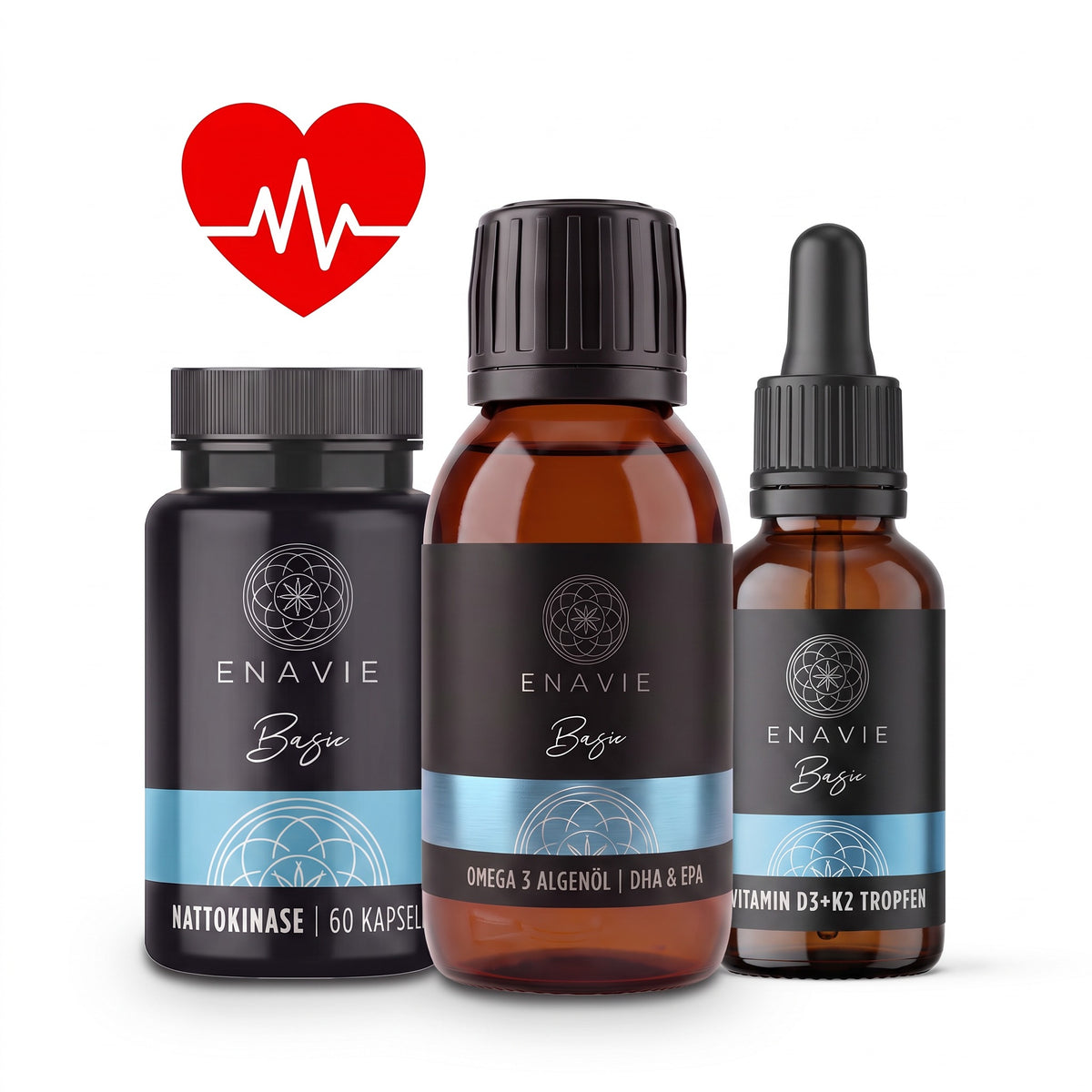 Herzkraft-Paket: Nattokinase Kapseln, Omega 3 Algenöl und Vitamin D3+K2 Tropfen (aktuelle Flaschen)