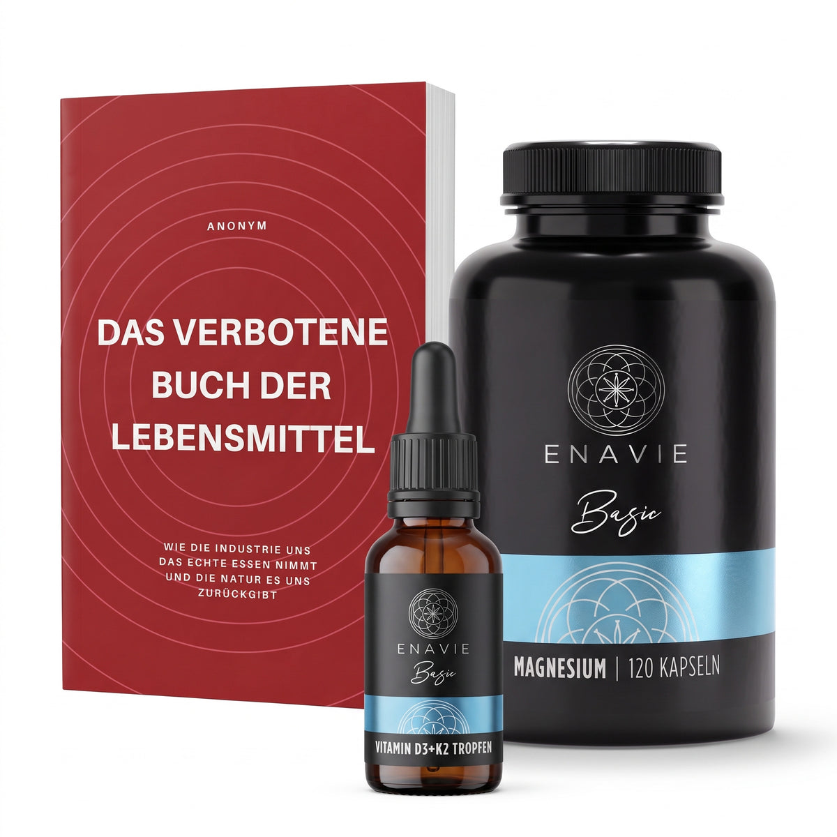 
                  
                    Buch-Paket: Das verbotene Buch der Lebensmittel mit ENAVIE Vitamin D3+K2 Tropfen und Magnesium Kapseln
                  
                