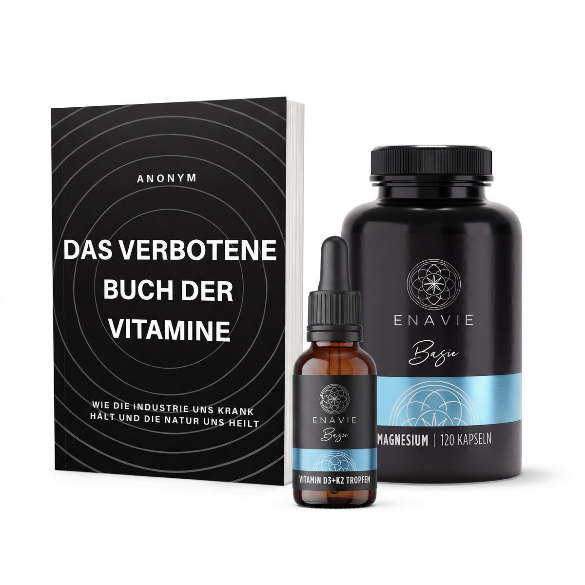 Buch-Paket: Das verbotene Buch der Vitamine mit ENAVIE Vitamin D3+K2 Tropfen und Magnesium Kapseln